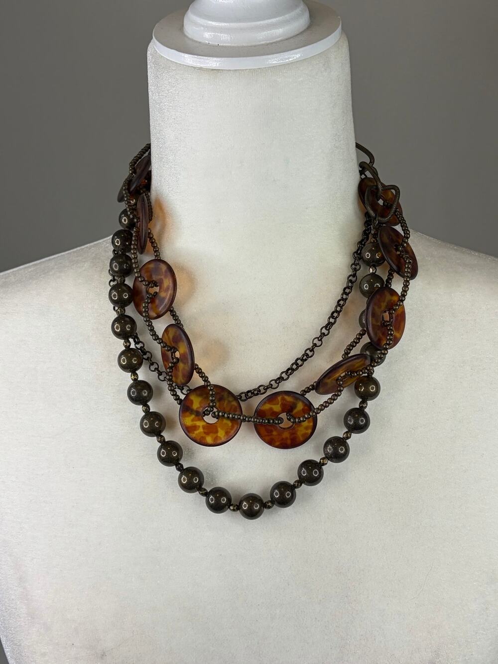 Premier Designs Brown 3 Strand Layer Necklace Mixed Media Chain Acrylic Beaded